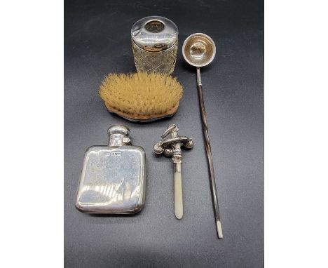 A group of five silver and silver mounted items,&nbsp;to include: a small silver hip flask and a George III silver and baleen