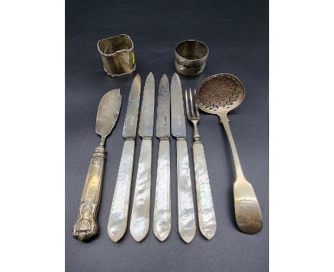 A Victorian silver fiddle pattern sifter spoon, by A B Savory &amp; Sons, London 1855, 15.5cm; together with a silver napkin 