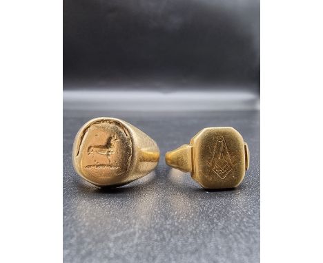 A yellow metal masonic signet ring,&nbsp;by H G &amp; S, stamped 18ct, size O1/2-P; together with another signet ring, stampe