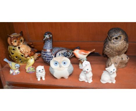 A Poole Pottery model, of an Owl, by B.Lindley-Adams, signed; a Spanish porcelain Owl; a pair of Royal Doulton kittens; Royal
