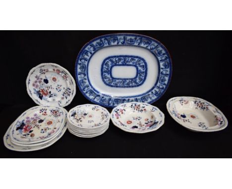 A Ridgways 19th century Chinghae flow blue charger with Islamic script; H and R Daniel Japan groups dinnerware 