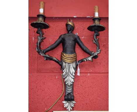 A pair of contemporary composition two light two branch 'Blackamoor' wall sconces, 62cm high