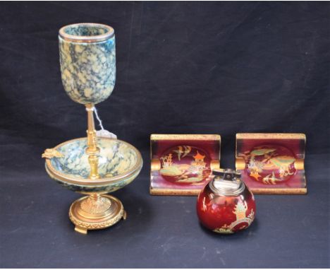 Smoking Interest - a pair of Carlton ware Rouge Royale ashtrays and table lighter; a marble effect and gilt metal match pot/a