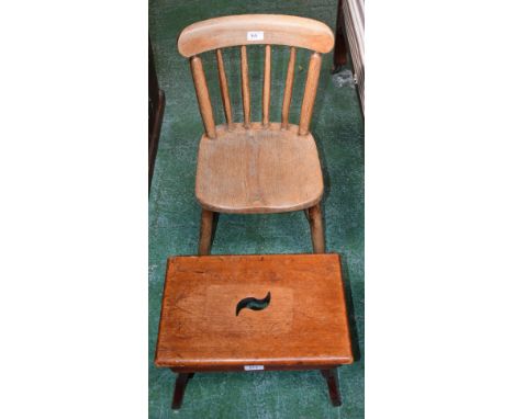 A mahogany stool; an elm child's chair (2)