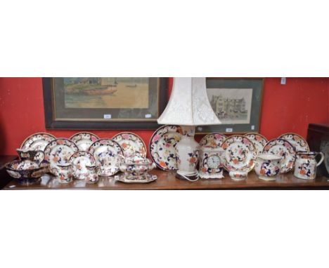 Masons Ironstone Mandalay pattern including table lamp, mantel clock, sauce tureen and cover, dinner and side plates, jug, et