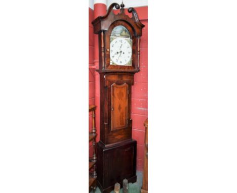 An oak and mahogany longcase clock, 32cm arched painted dial, the case with a swan neck pediment, shaped rectangular door to 