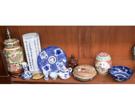 Ceramics - a Chinese famille rose barrel shaped jar; other Oriental ceramics including hexagonal blue and white vase, famille