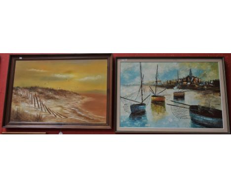 K PetueYachts In A Harboursigned, oil on canvas; another, W Lucas, Coastal Grasses, signed, oil on canvas (2)