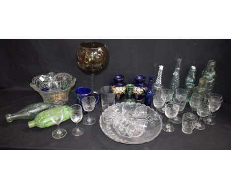 Glassware - a JJ Clayton, Chesterfield Codd bottle; others, JH Cuff, Manchester, Arnold, Lincoln, etc; Venetian blue glass ta