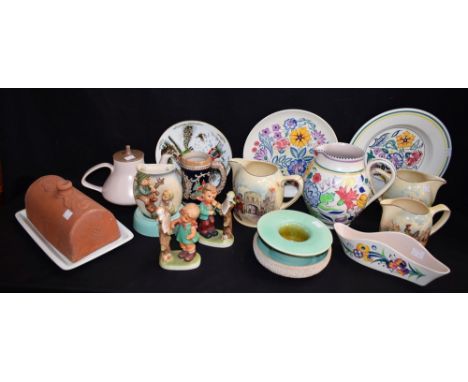 Ceramics - a Poole ovoid jug; similar flower trough and plates; a terracotta butter cooler; a set of three Royal Doulton Hist