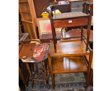 A 20th century bamboo framed octagonal occasional table; an early 20th century mahogany piano stool, containing an assortment