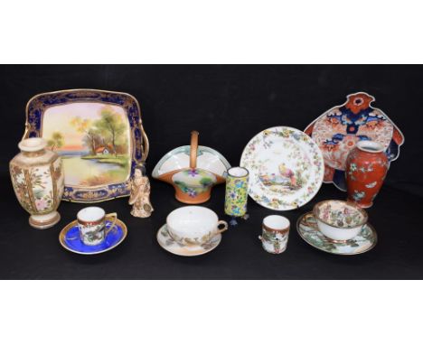 Oriental Ceramics - a Japanese Satsuma vase; an Imari fan dish; Noritake painted plate, cups, saucers, etc; enamel cylindrica