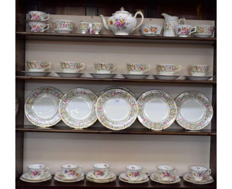 A Royal Crown Derby Blue Line Posies pattern tea service, for six, comprising cups, saucers, side plates, tea pot, milk jug a