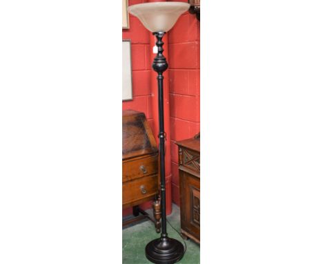 A contemporary brushed metal standard lamp, jade coloured glass shade, turned effect column, stepped circular base, 182.5cm h