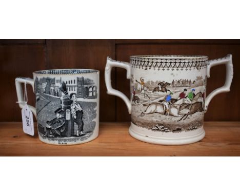 A J. &amp; R Godwin of Corbridge two-handled loving cup, transfer printed in brown with a horse race, their colours picked ou