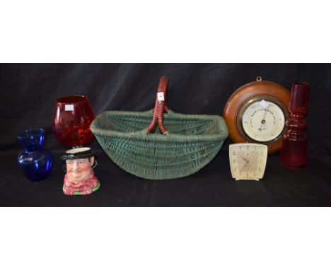 A 20th century oak framed barometer, Pearson Bros, Nottingham; Smiths clock; character jug; etc