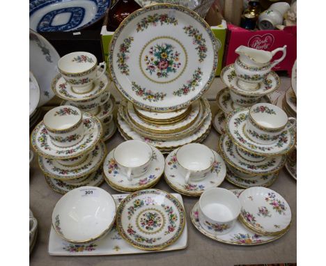 A Minton Marlow pattern part dinner service, including dinner plates, cups, sandwich tray, etc; a Coalport Ming Rose pattern 