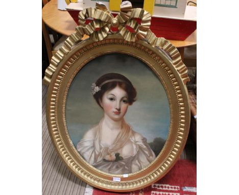 19th century British School, portrait of a young lady, revealingly clad in classical robe, landscape background, oval oil pai