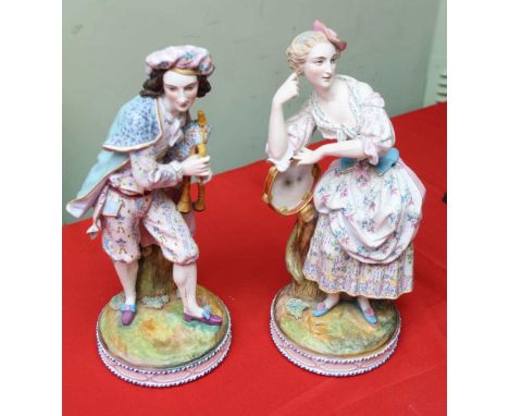 A pair of Chantilly French bisque porcelain figurines, musicians, the man with bagpipes, the lady with tambourine, dressed in