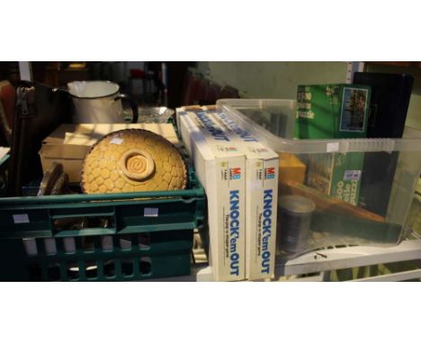 Two boxes of miscellaneous household items to include board games enamel jug folding ruler etc