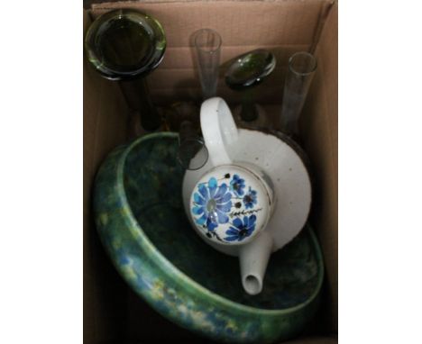 A "Clews" green glazed pottery fruit bowl, a Midwinter Stonehenge teapot "Spring" pattern and five glass bud vases