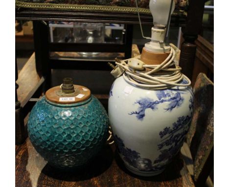 A turquoise bulbous pottery lamp base with an Oriental blue and white example Blue & White Lamp – Has been broken into pieces