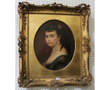 19th century European School, "Dressed in pearls" a shoulder length portrait of a lady, wearing a black gown with flowers and