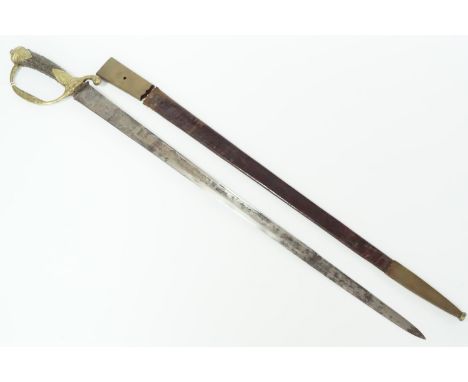 A fine 18th Century hunting sword, the single-edged and single-fullered blade decorated with parcel-gilt etched panels includ