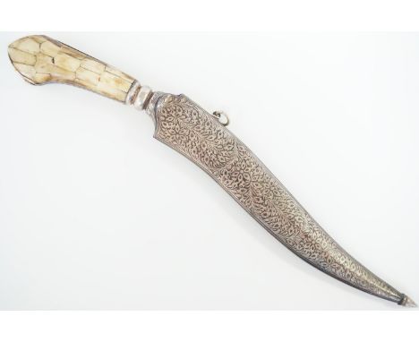 An Indo-Persian zirah bouk dagger, the blade exhibiting fine wootz, in blued steel scabbard profusely decorated with foliate 