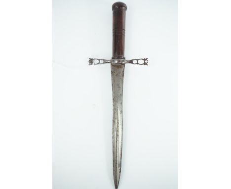 An antique dagger, having the truncated blade of a colichemarde, having a cast steel reticulated cross guard and turned rosew