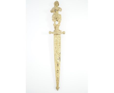 A 19th Century European romantic dagger, the double-fullered lenticular-section blade having a figural cast gilt-brass hilt, 