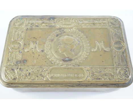 A 1914 Princess Mary Gift tin and contents comprising cigarettes. tobacco, portrait, New Year card and bullet pencil  