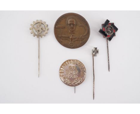 Two German Third Reich day badges together with TeNo and German Labor stick pins