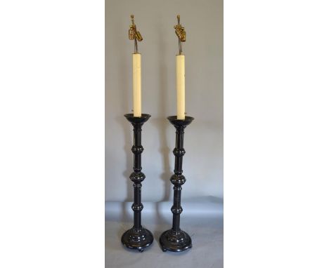 A Pair of Ebonised Floor Standing Lamp Standards in the 18th Century Style, 157 cms tall 
