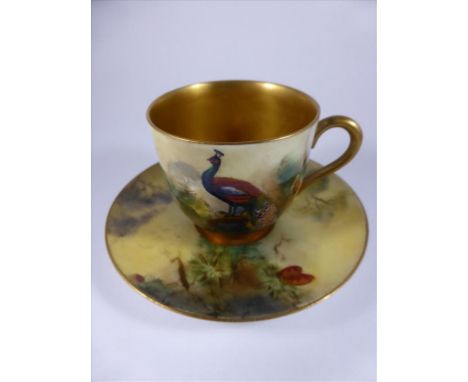 ROYAL WORCESTER PEACOCK CABINET CUP AND SAUCER