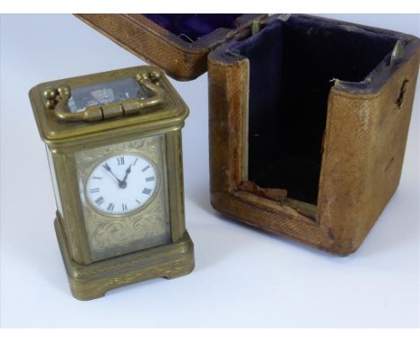 MINIATURE FRENCH GILT BRASS CARRIAGE CLOCK IN TRAVELLING CASE WITH BASE PLATE MARKED DROCOURT