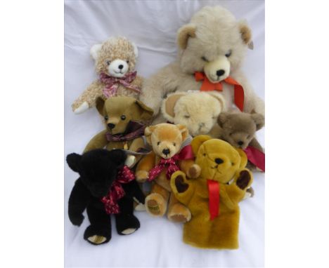 7 VARIOUS MERRYTHOUGHT BEARS AND A MERRYTHOUGHT SOOTY HAND PUPPET