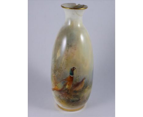 ROYAL WORCESTER VASE PAINTED WITH PHEASANTS, NO. 2491, JAS. STINTON, APPROX. 15 cm, REPAIRS AND LOSS TO RIM