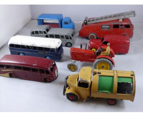 DINKY PLAY WORN VINTAGE DIE CAST VEHICLES INC. BEDFORD REFUGE LORRY, OBSERVATION COACH, LUXURY COACH, BOAC COACH, KARRIER BAN