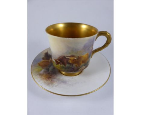 ROYAL WORCESTER CABINET CUP AND SAUCER, SAUCER APPROX. 9.5 cm DIA. PAINTED WITH HIGHLAND CATTLE, SIGNED H.STINTON