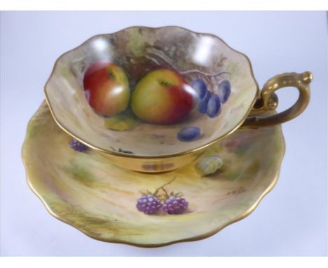 ROYAL WORCESTER CUP AND SAUCER WITH FRUIT DECORATION, CUP SIGNED SHUCK, SAUCER E.PHILLIPS