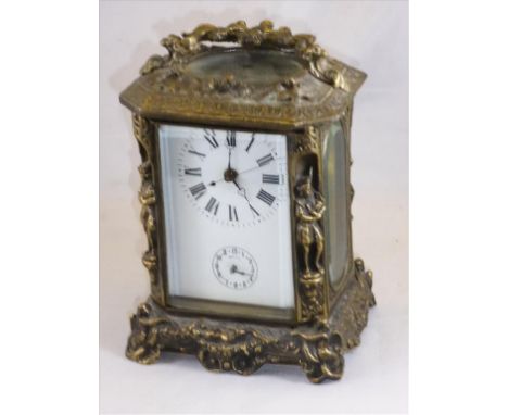 CARRIAGE CLOCK WITH REPEAT AND ALARM, WHITE ENAMELLED DIAL WITH SWEEP SECOND HAND AND ALARM DIAL, GILT BRASS CASE DECORATED W