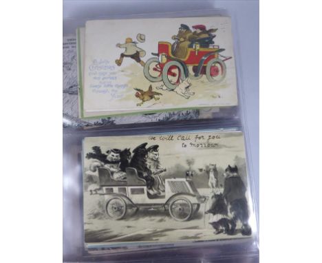 POSTCARD ALBUM CONTAINING MANY INTERESTING CARDS INC. HUNTING AND MOTORING INTEREST, THE SORROWS OF SOUTHWOLD, GOLLIES, DISNE