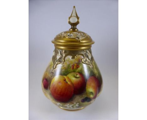 ROYAL WORCESTER POT POURRI, MODEL 291, WITH FRUIT DECORATION SIGNED RICKETTS, APPROX. 17 cm
