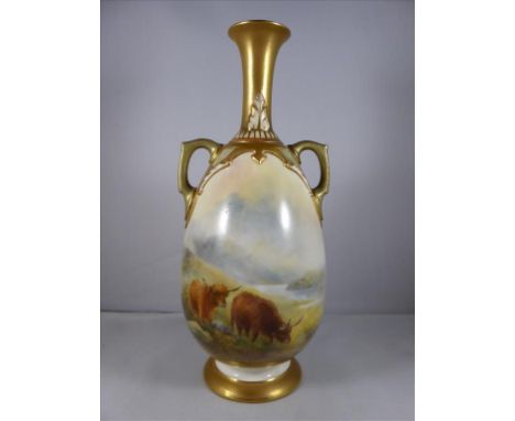 SUPERB ROYAL WORCESTER VASE, SHAPE NUMBER 1762, DECORATED WITH HIGHLAND CATTLE, SIGNED H.STINTON APPROX. 21 cm