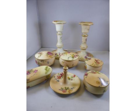 ROYAL WORCESTER BLUSH IVORY WITH PAINTED FLORAL DECORATION DRESSING TABLE SET COMPRISING PR. CANDLESTICKS, 2 PRS. ROUND LIDDE