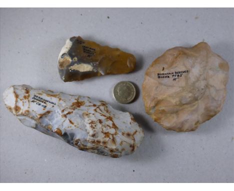 3 NEOLITHIC NAPPED FLINT AXE HEADS