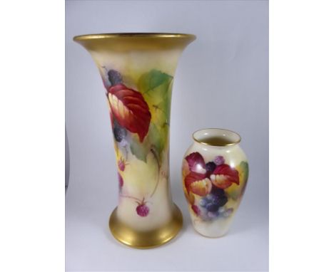 ROYAL WORCESTER WAISTED VASE G923, PAINTED WITH FRUIT (MINOR RESTORATION TO RIM?) APPROX. 19 cm AND A SMALLER VASE ALSO DECOR