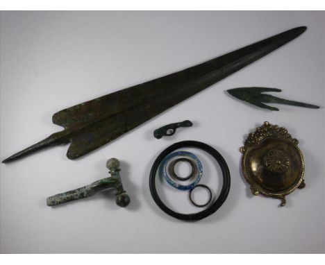 VARIOUS ANTIQUITIES INC. ROMAN FIBULA BROOCH, PHALLIC PENDANT, GLASS CHILDS BANGLE, ONE OTHER, 2 RINGS, CAVALRY HARNESS PHALE