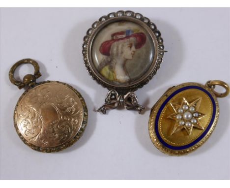 VICTORIAN OVAL PEARL AND ENAMELLED LOCKET, ONE OTHER LOCKET AND A CIRCULAR FRENCH STYLE PORTRAIT BROOCH WITH SEED PEARL AND R